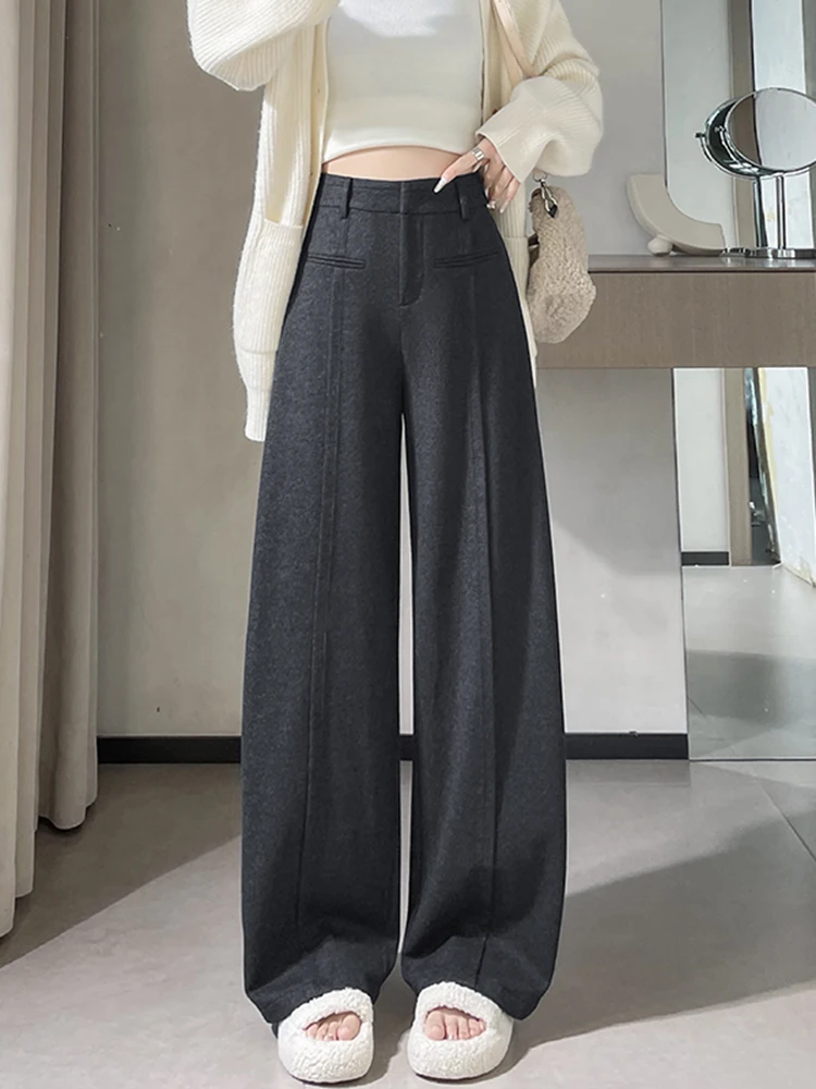 

High Waist Narrow Version Woolen Wide Leg Casual Pants Women's Straight Cut Floor Length Suit Pants Autumn Winter New Sle