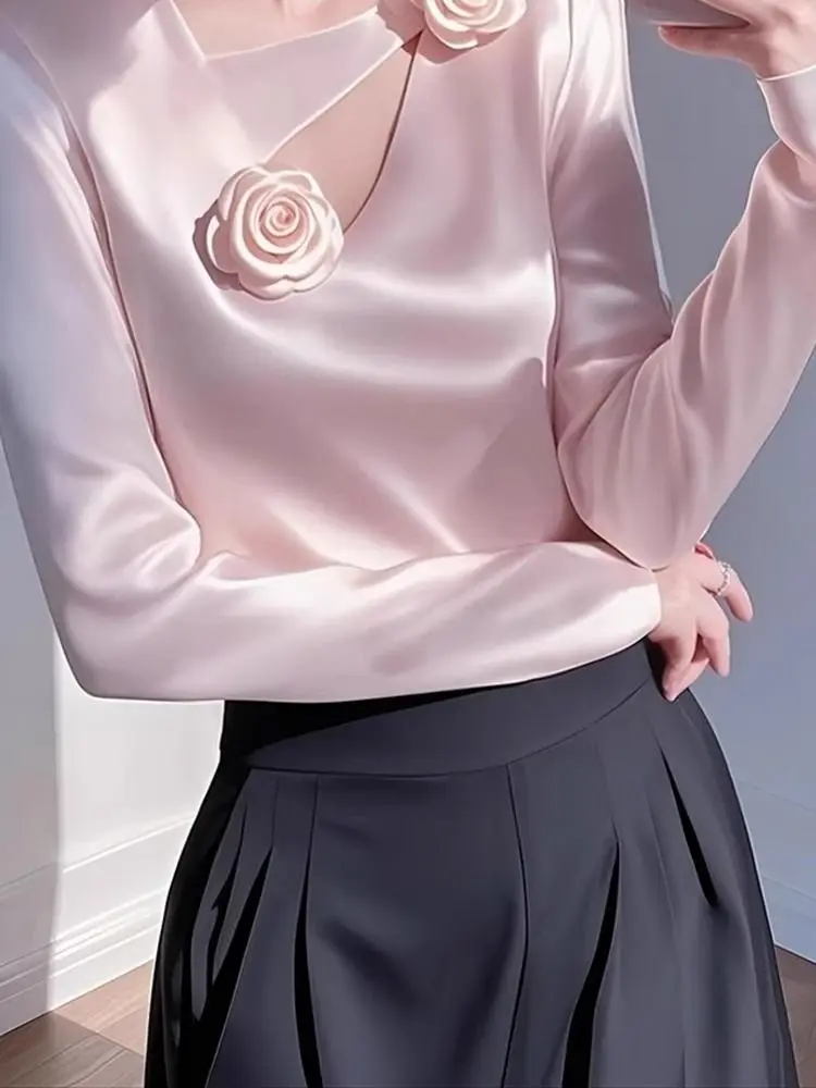 Rose chest flower ribbon shirt for women in autumn 2024, new professional commuting French style collar long sleeved top
