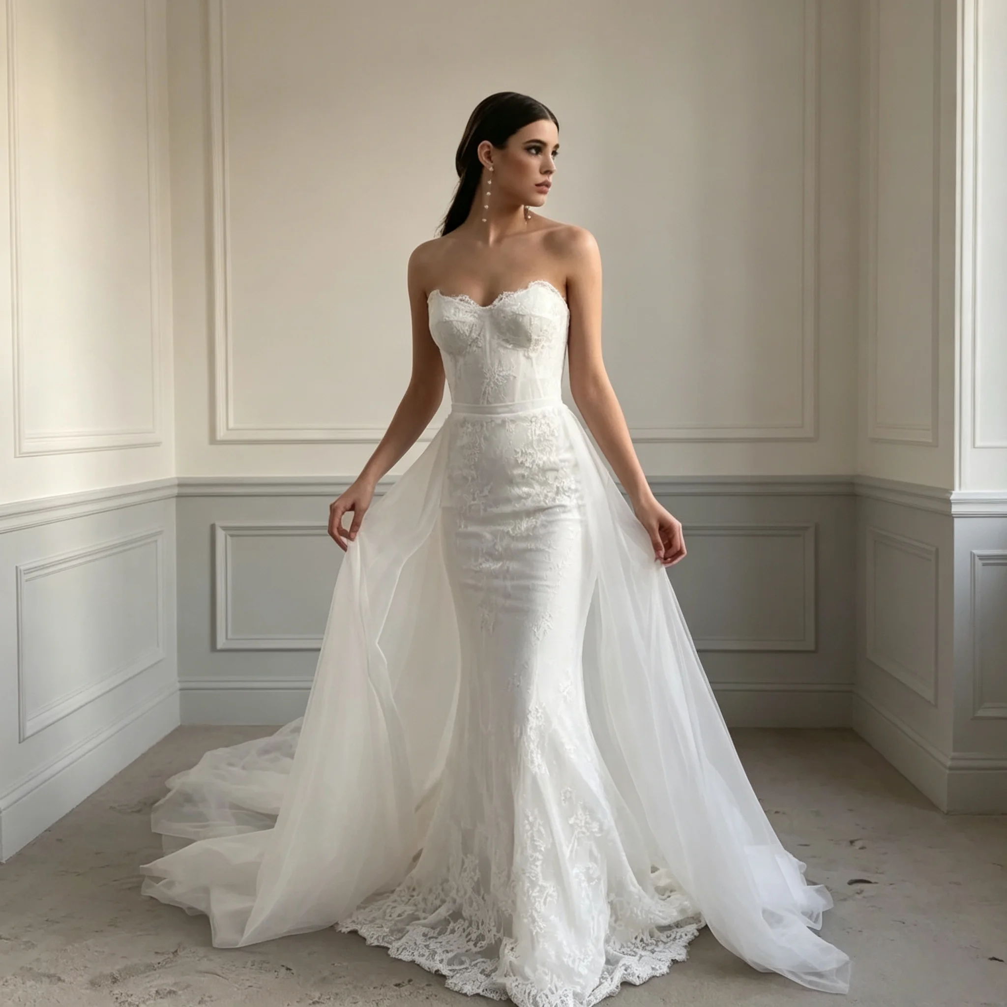 Strapless Lace Mermaid Bride Vintage Wedding Dresses Hi-Lo Trailing Mesh Design Bridal Gowns Custom Handmade Prom Dresses