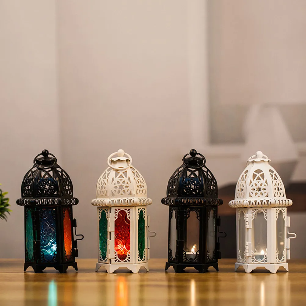 2Pcs Morocco Inspired Iron Lanterns with Transparent Glass Romantic Ambience Freestanding Hanging Decor for Wedding Prom