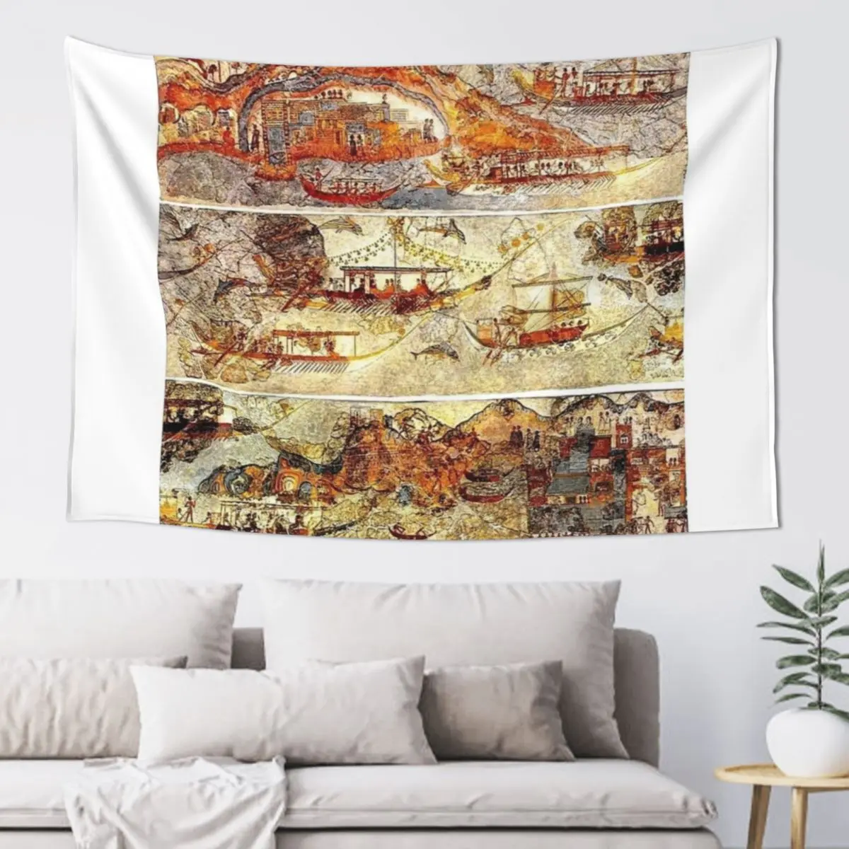 Minoan Admirals Flotilla Fresco in Three Panels Tapestry Cute Decor Kawaii Room Decor Tapestry