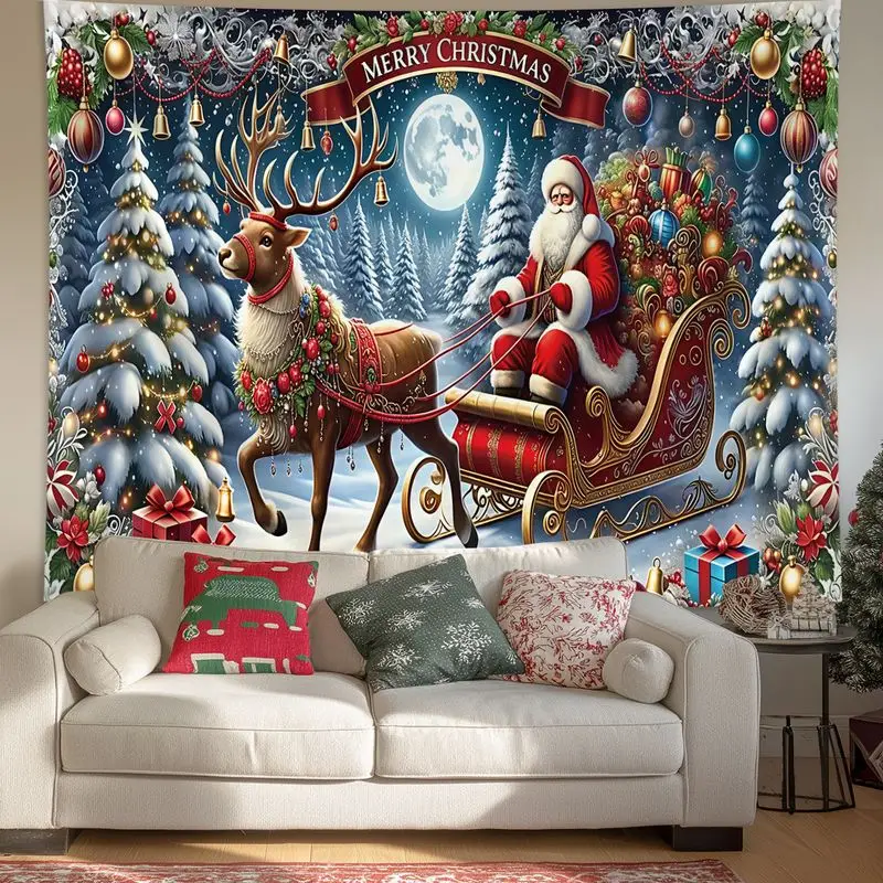 VIKAMA Red Curtain Snow Scene Christmas Tapestry, Elegant Wall Hanging Background Cloth for Dramatic Living Room Decor