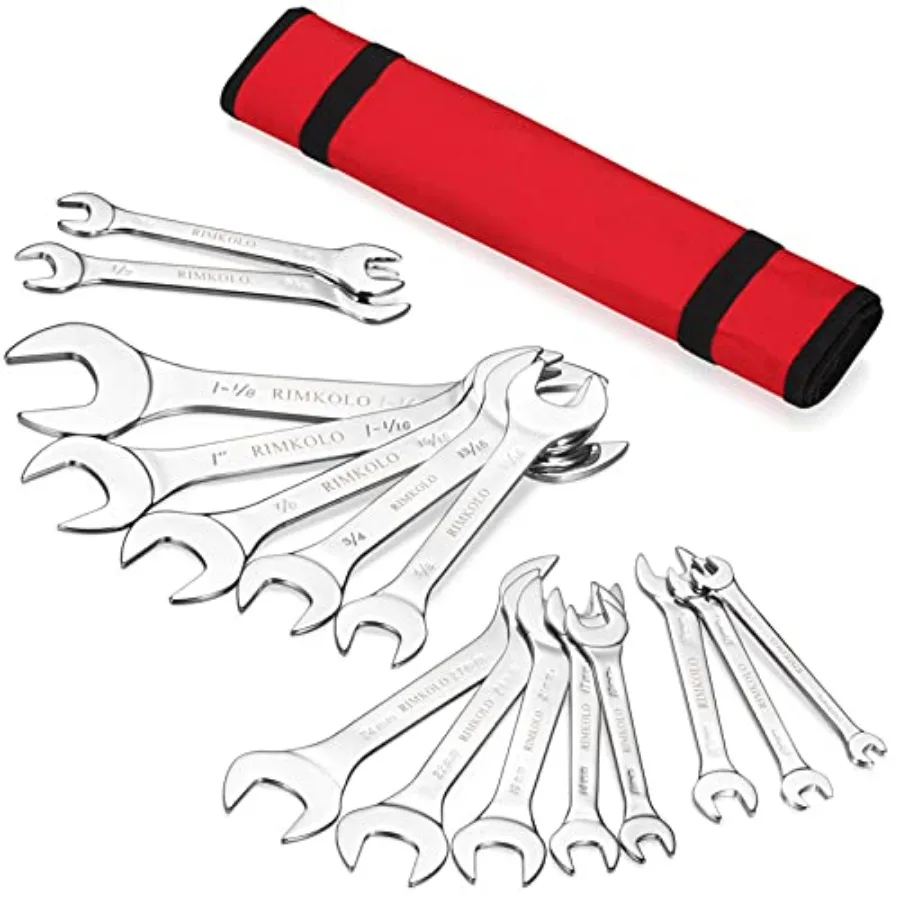 

Super-Thin Open End Wrench Set 16-Piece SAE and Metric 3/8" to 1-1/4" and 5.5mm to 27mm Chrome Vanadium Steel Wrench Set with R