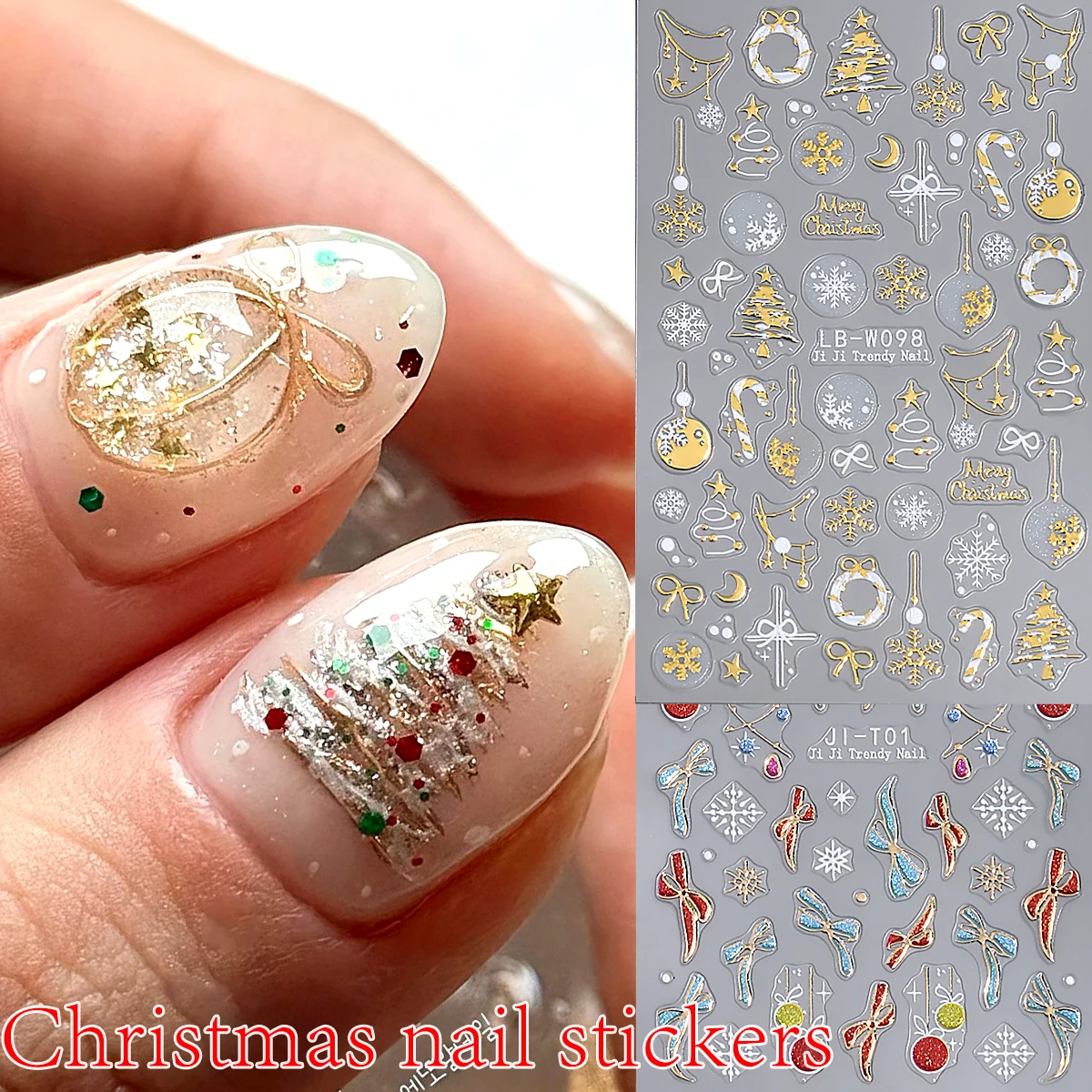 Christmas 3D Nail Stickers Metallic Gold Silver Xmas Tree Snowflake Candy Cane Star Bell Pattern Holiday DIY Manicure Accessorie