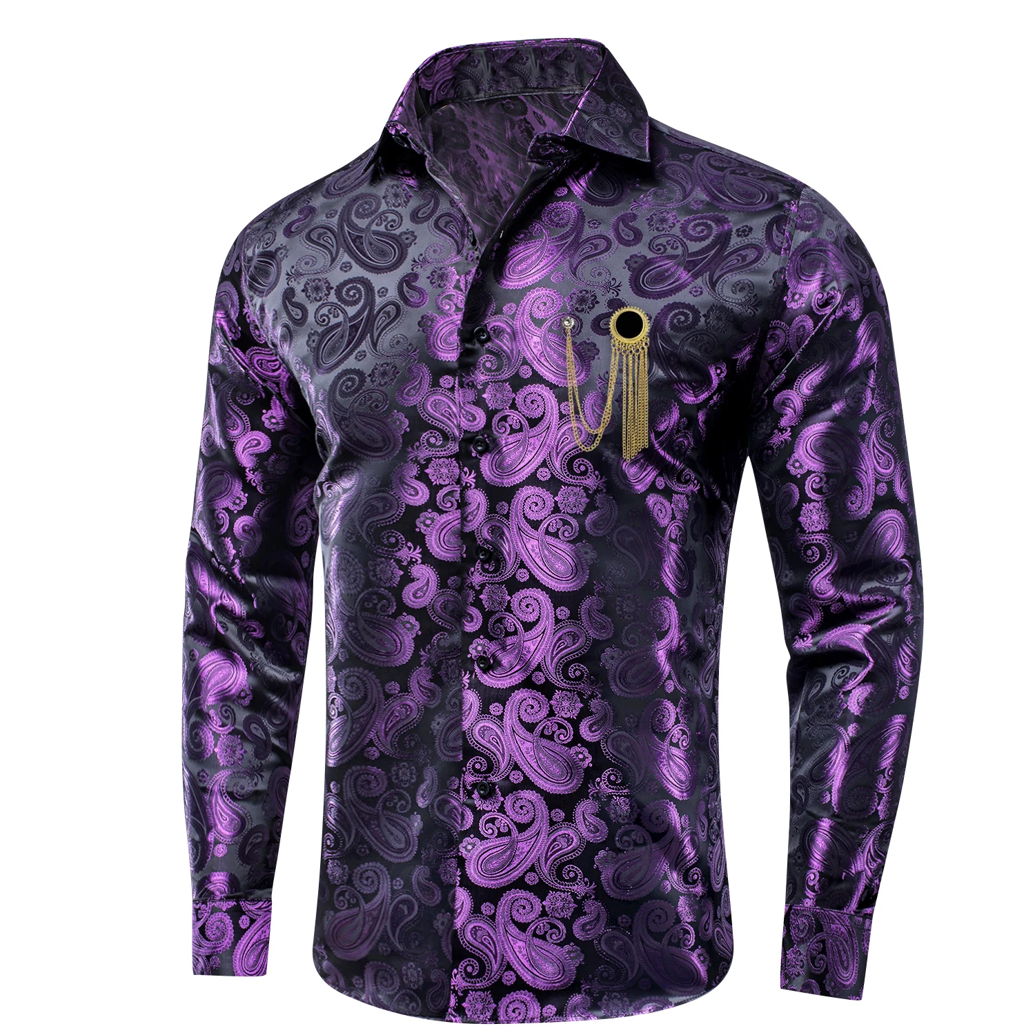 

Hi-Tie Long Sleeve Mens Shirts Silk Jacquard Purple Pink Blue Green Black Lapel Slim Fit Male Shirt With Brooch Wedding Business