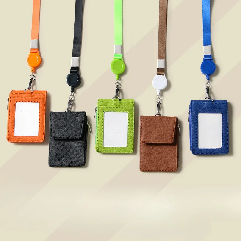 Portatarjetas multifuncional con cordón, cordón retráctil de cuero PU, etiqueta de nombre, llavero, bolsa para tarjetas, suministros de oficina
