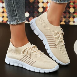 Green Soft Sole Knit Walking Shoes for Women 2023 Lightweight Breathable Running Sneakers Woman Plus Size Slip On Causal Flats