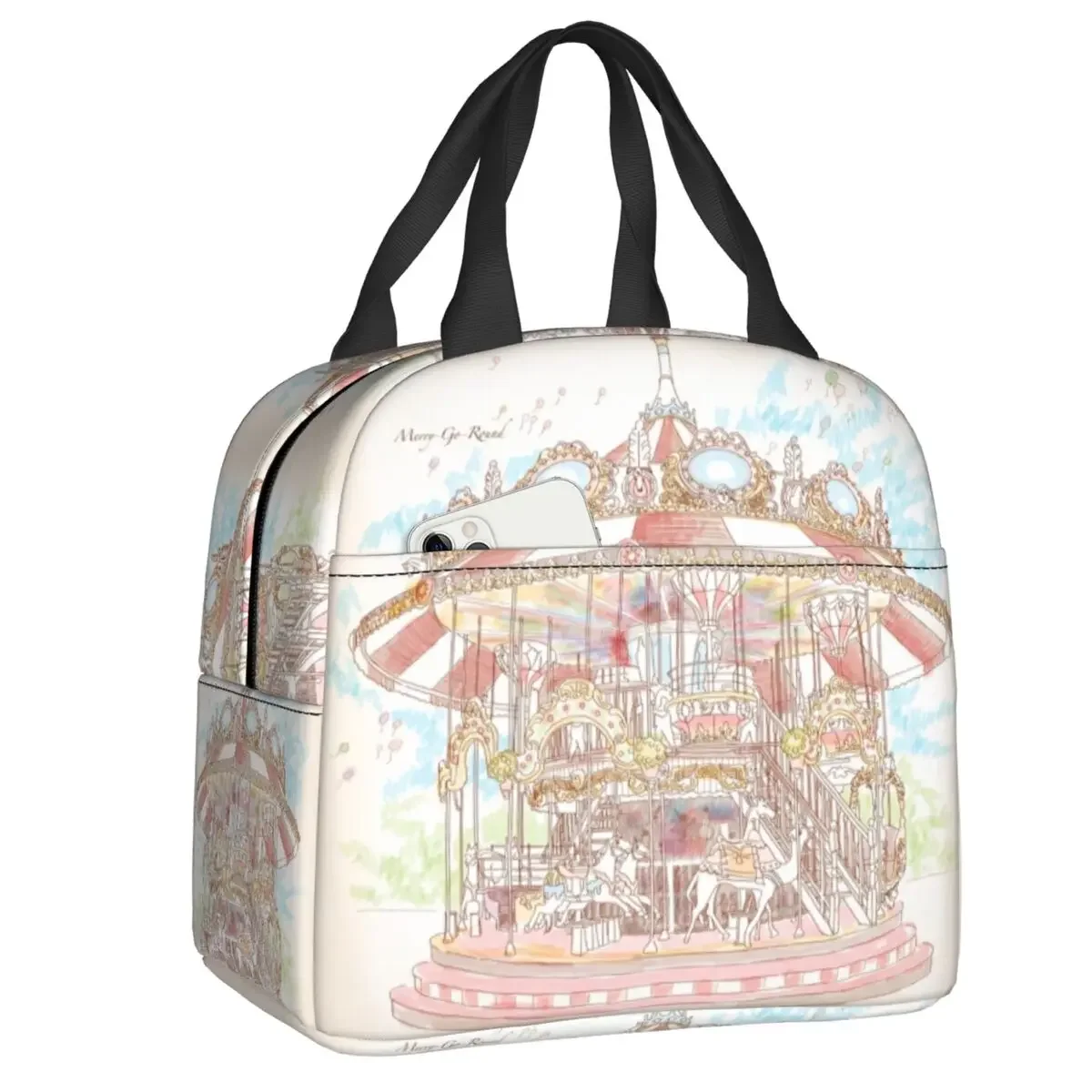 Custom Pastel Circus Carousel Portable Lunch Boxes for Women Leakproof Amusement Park Thermal Cooler Food Insulated Lunch Bag