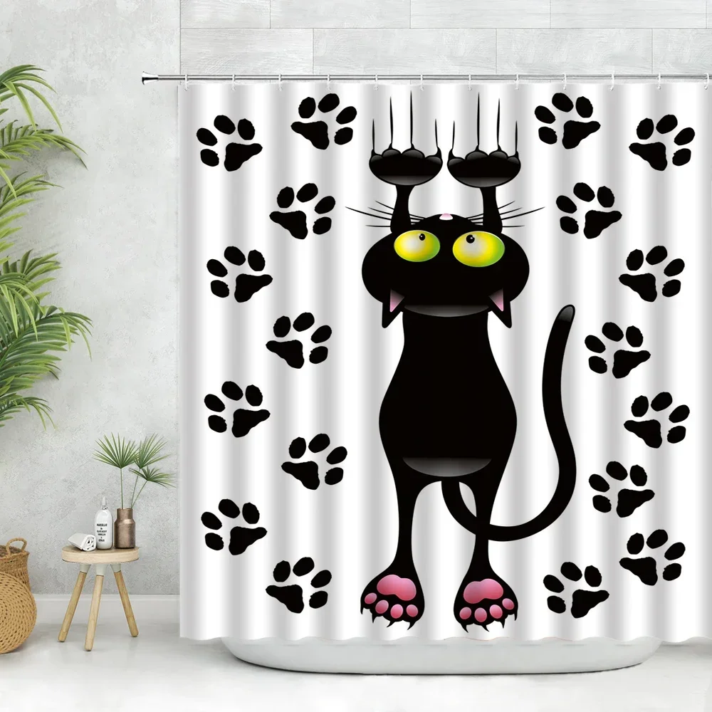 Three Funny Naughty black Cat Shower Curtain Scratching The Wall with His Paws Fabric Bathroom Decor Set Hooks White and Black