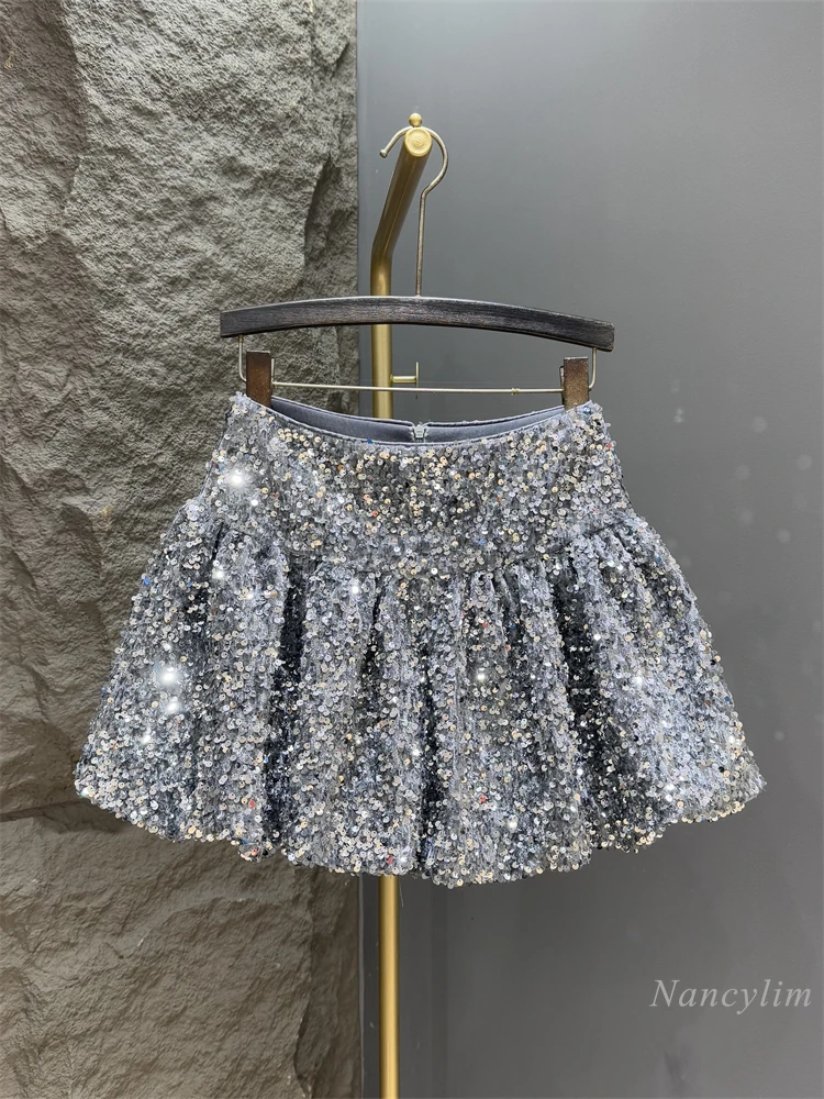 

Silver Sequined Skirt Women's 2025 Spring Autumn New High-waisted Pleated Bud Skirt Fluffy Short Faldas De Mujer