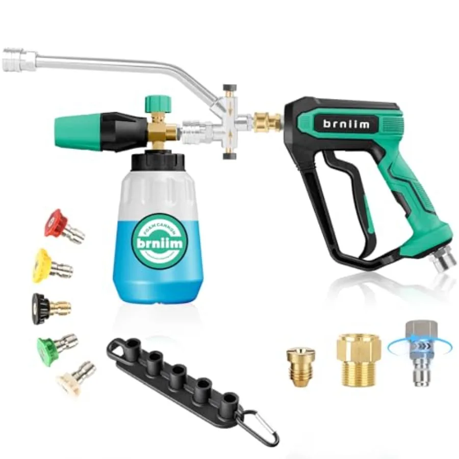 

Car wash pressure washer gun with foam cannon kit: dual-channel foam/water in 1s, 1/4-inch quick dual connector, 5-nozzle 3/8 s
