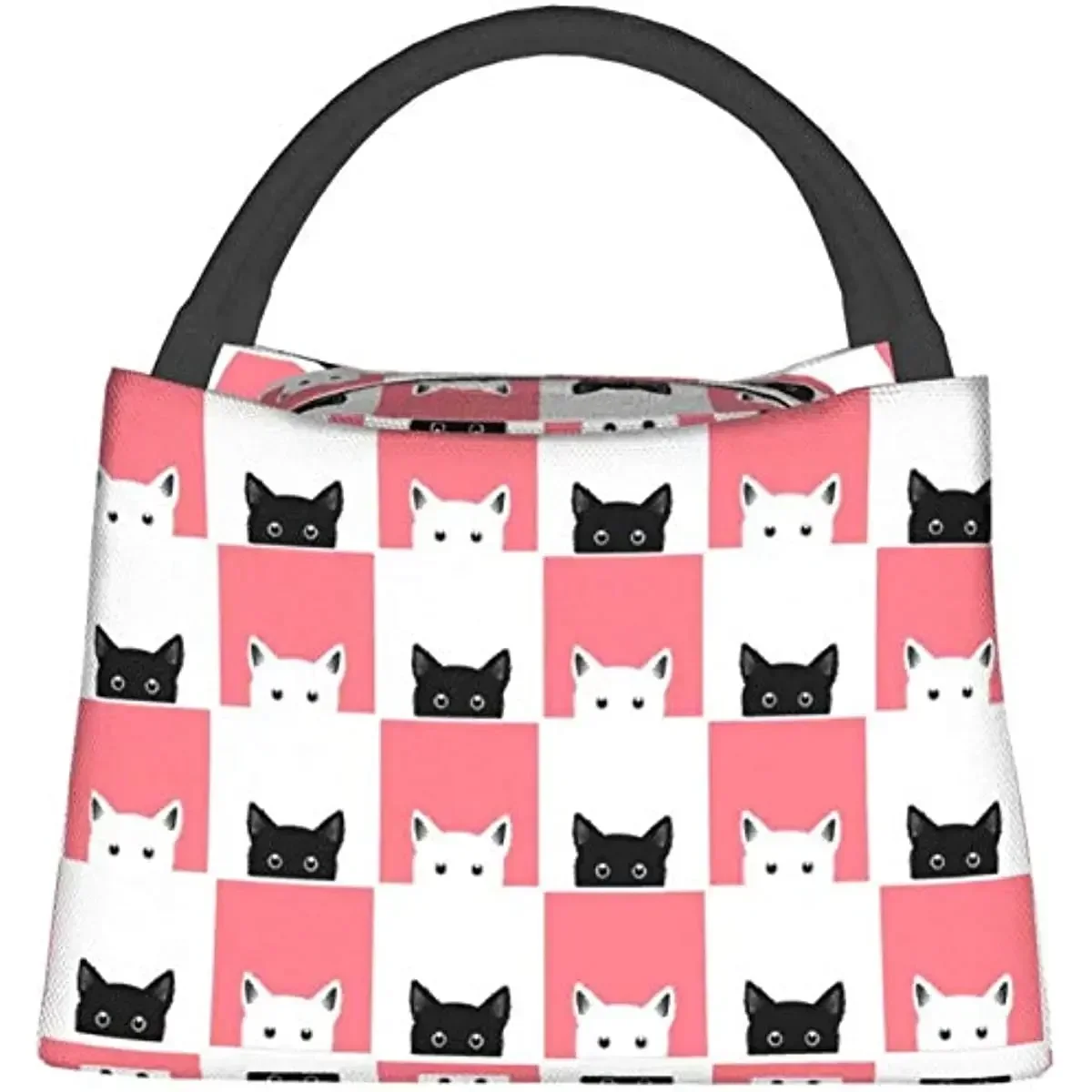 Insulated Lunch Bag Black White Pink Cat Pattern Waterproof Tote Bento Bag for Office School Hiking Beach Picnic Fishing