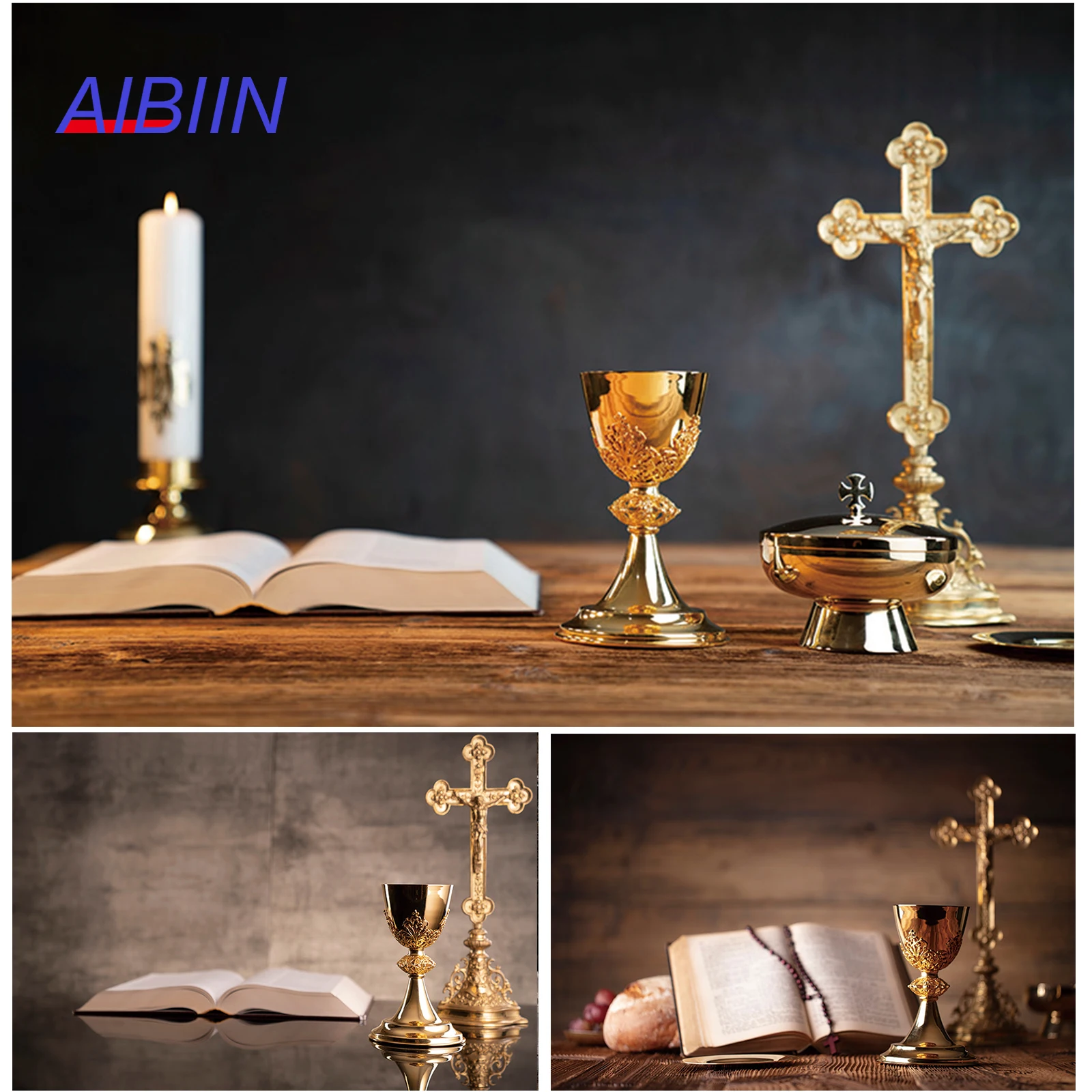 God Bless Baptism Photography Background Book and Gold Cross Candlestick Backdrop First Communion Christian Party Decorations