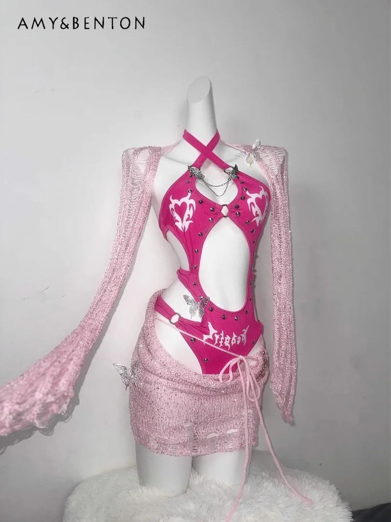 Original Barbie Powder Flash Three-dimensional Rivet-cut Onesie Tattered Wool Knitted Skirt Spice Girl For Suit