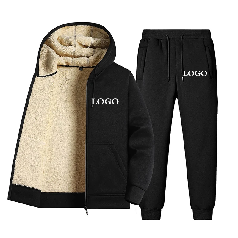 Logotipo personalizado dos homens impresso Terno, Sportswear com zíper, engrossar Hoodie, moletom, cor sólida, alta qualidade, 2 pcs