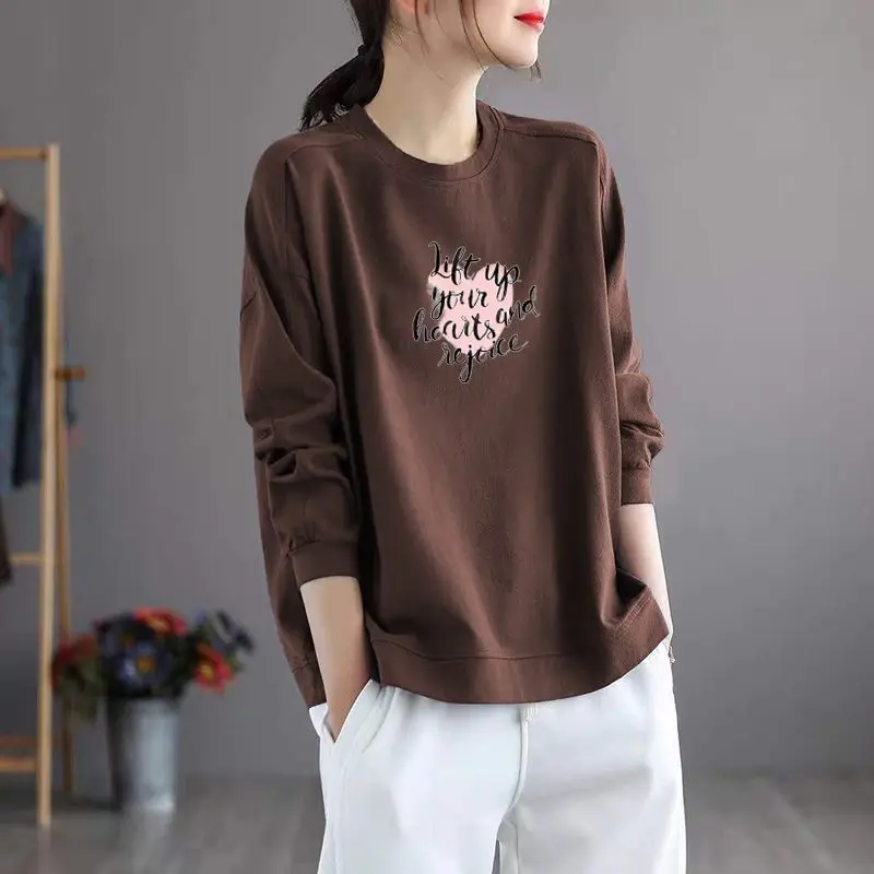 Women Korean Fashion Print Simple Cotton All Match T-shirts Spring Autumn O Neck Long Sleeve Loose Pullover Tops Ropa Para Mujer