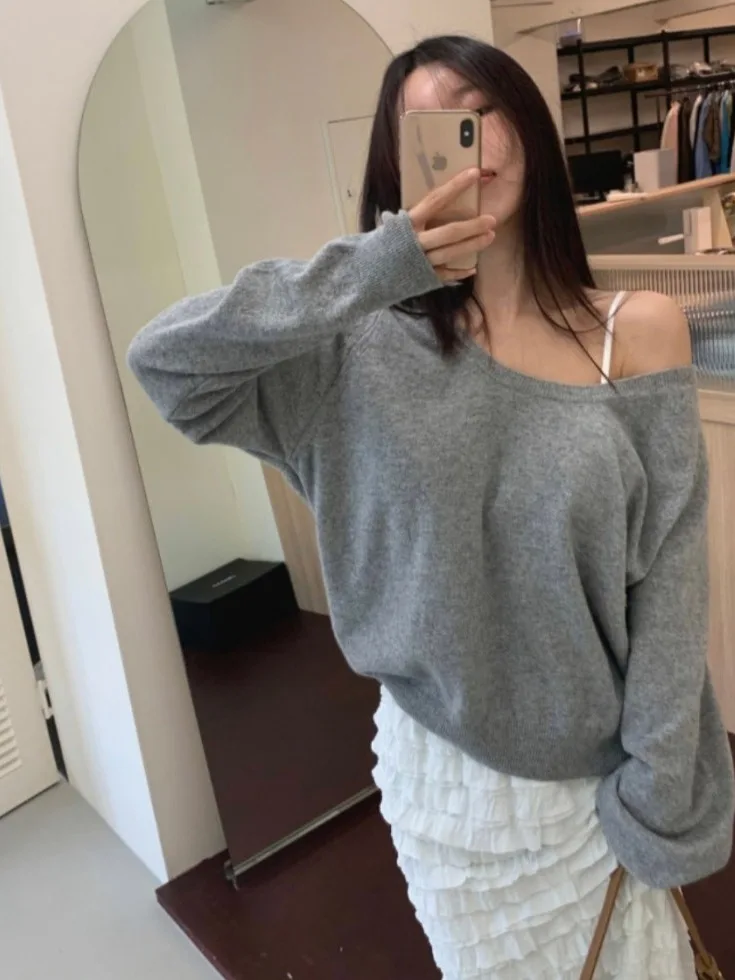 

Sexy Loose Long Sve V-Ne Knitted Sweater Women's Faion Trend Autumn Winter New Sle Chic Pure Desire Overhead Top