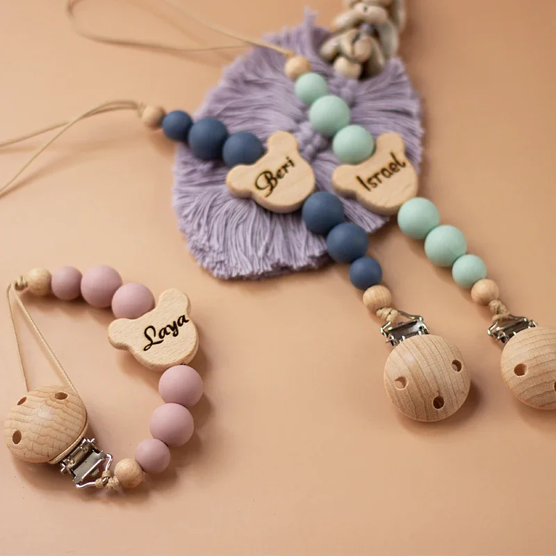 Chaîne de sucette en bois pour bébé, nom personnalisé, perle en Silicone, porte-mamelon factice, garde, anneau de dentition, pendentif, cadeau pour nouveau-né