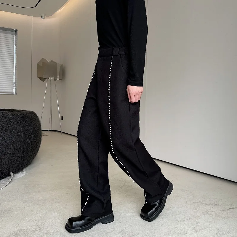 SYUHGFA Men's Pearl Diamond Side Pants Casual Solid Color Rope Design Straight Loose Male Wide Legs Trousers New 2025 Spring