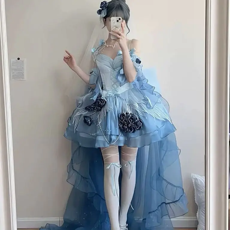 Sweet Sky Blue Short Rose Wedding Dress Snake Year Lolita Tail Puffy Escape Summer