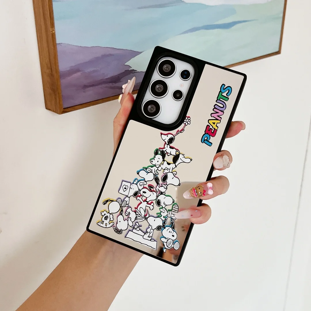 Luxo dos desenhos animados anime snoopy espelho caso de telefone para samsung galaxy s22 ultra s24 s25 s23 plus à prova de choque pára-choques capa traseira