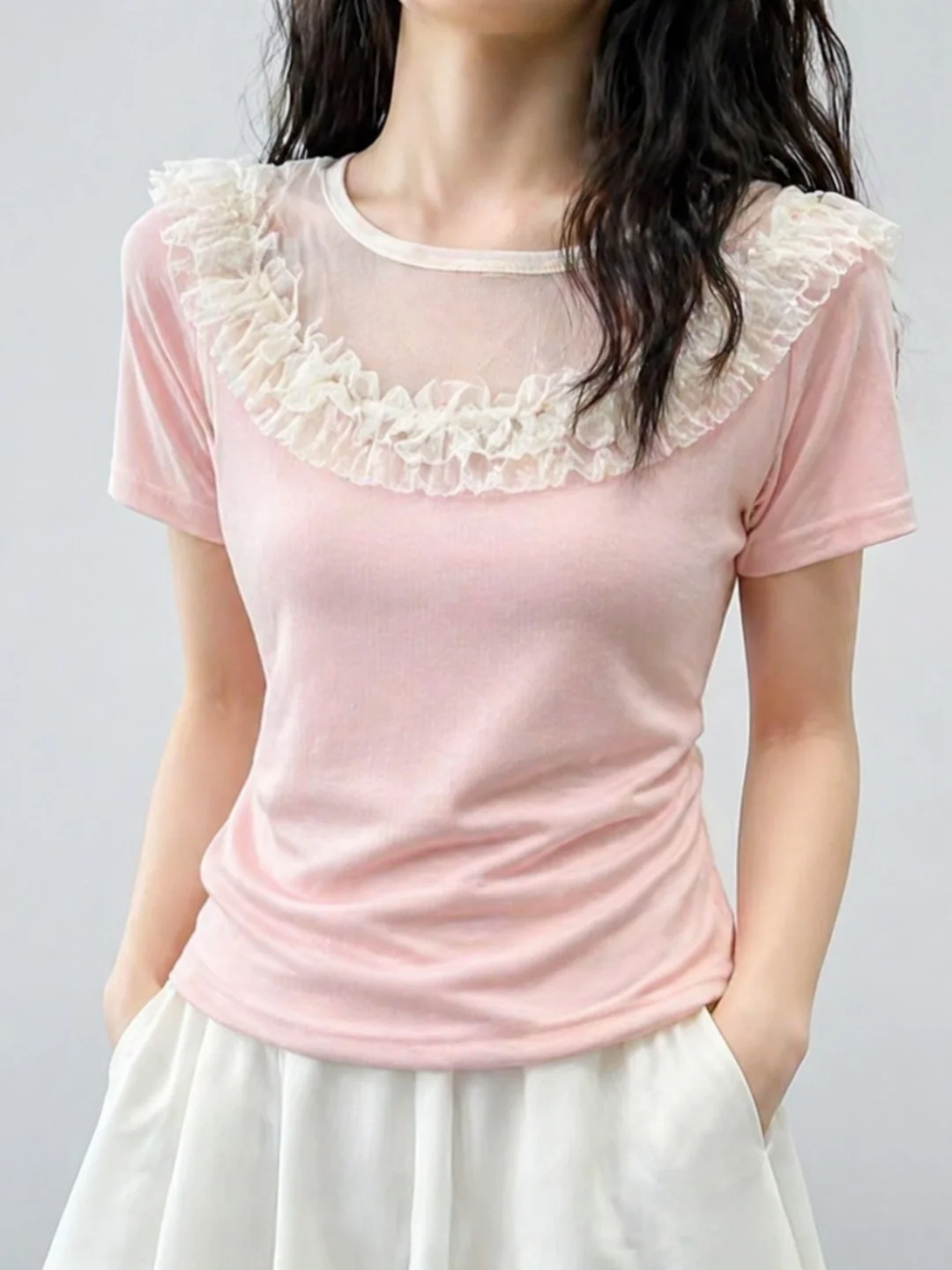 

Summer New Style Soft Short Sleeve T-Shirt Wooden Mesh Splicing Design Korean Version Commute Style Slimming Top for Women
