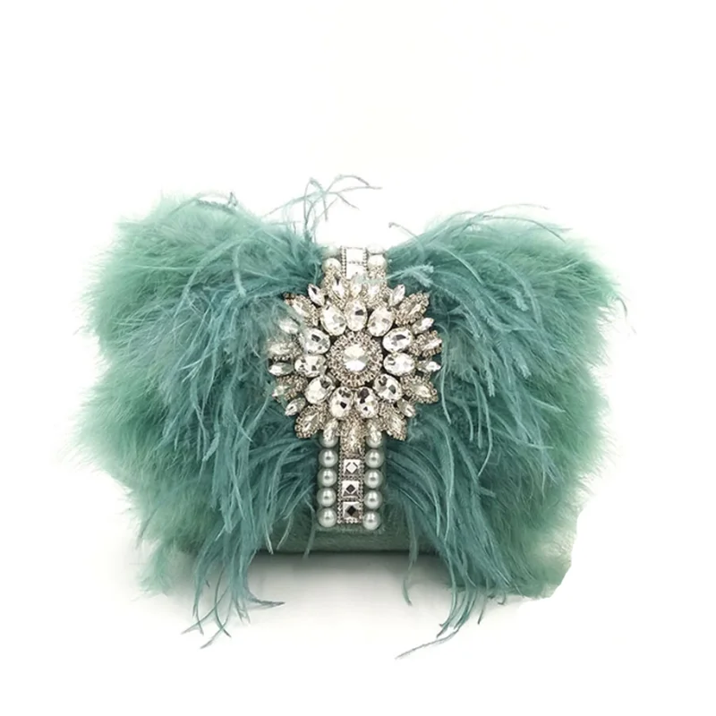 Luxury Ostrich Feather Evening Bags For Women 2025 Chain Shoulder Crossbody Bag Tassel Party Clutch Purse Green Wedding Handbags