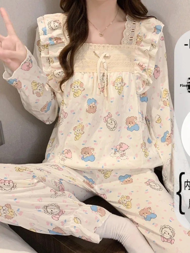 

Sweet Princess Style Bubble Cotton Sleepwear Set with Chest Pad Long Sleeve Loose Home Clothes for Women Spring Autumn New Ar...