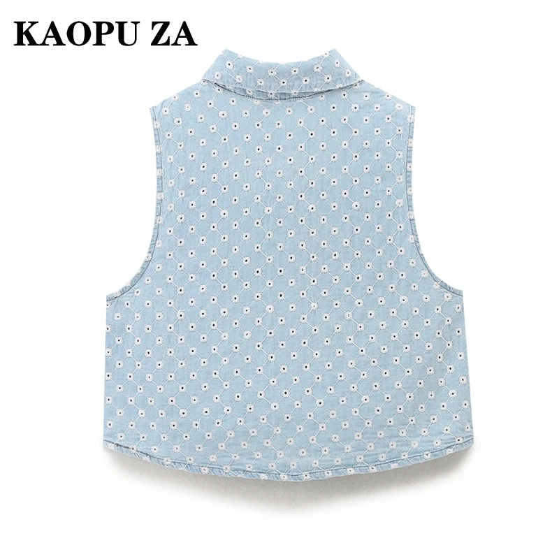 KAOPU ZA Summer Floral Vintage Sleeveless Blouse Women Polo Neck Slim Fit Chiffon Office Lady Shirt Elegant Femme Short Top