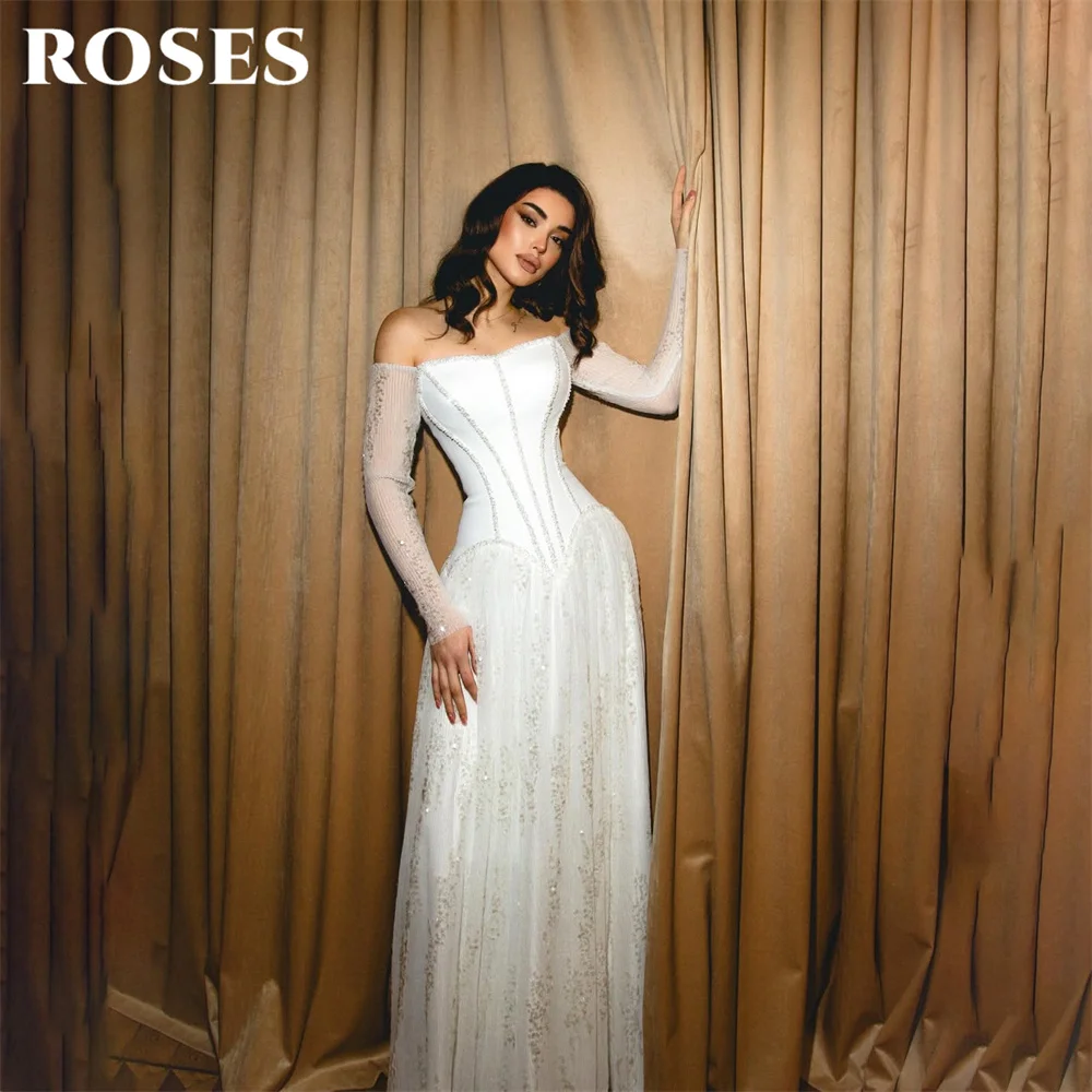 

Белое вечернее платье ROSES с вырезом-лодочкой и открытыми плечами, с длинными рукавами, для свадьбы, фасон А-силуэт, на заказ