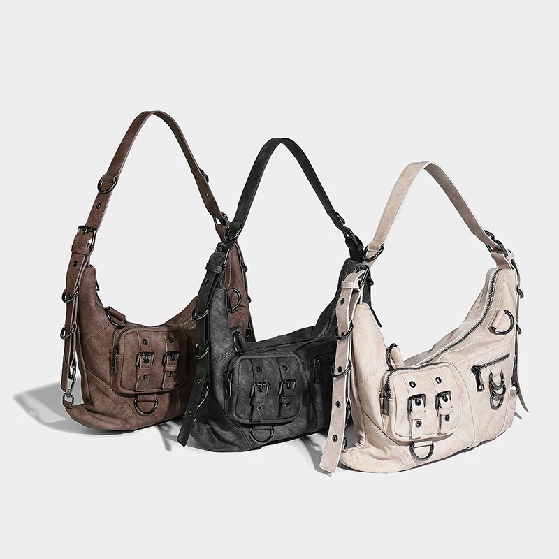 

New fashion y2k retro motorcycle bag niche design for women PU leather vintage casual spicy women multi-pocket handheld armpit b