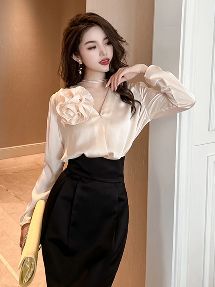 Spring Summer Elegant Clothes for Women Sweet Korean Satin Shirt Long Sleeve Flower Loose Shirts and Blouses Office Lady Tops