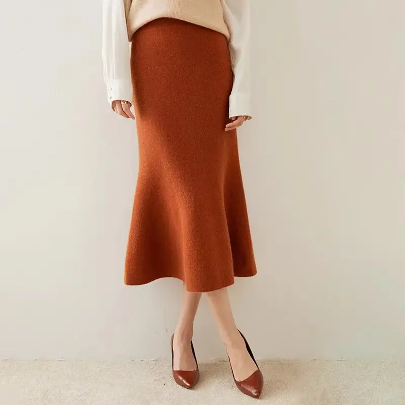 

New Autumn and Winter 100% Cashmere Knit Skirt Women's High Waist Fishtail Skirt Female Hip Wrap Skirt Quality Women Clothes