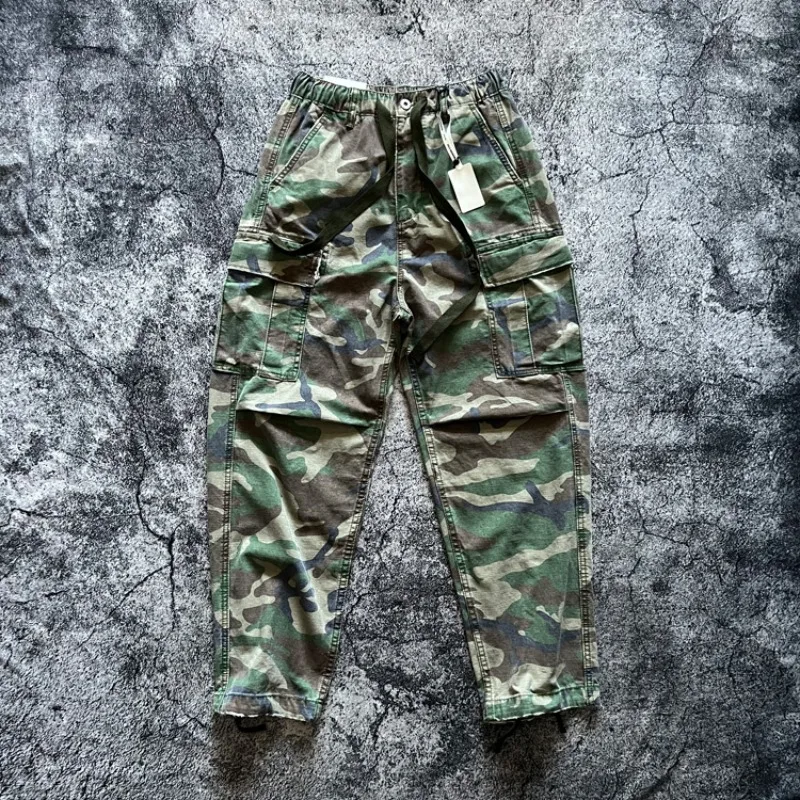 

High Quality Amekaji Heavyweight Retro Old Washing White 100% Cotton Multi Pocket Loose Drawstring Camouflage Workwear Pants Men