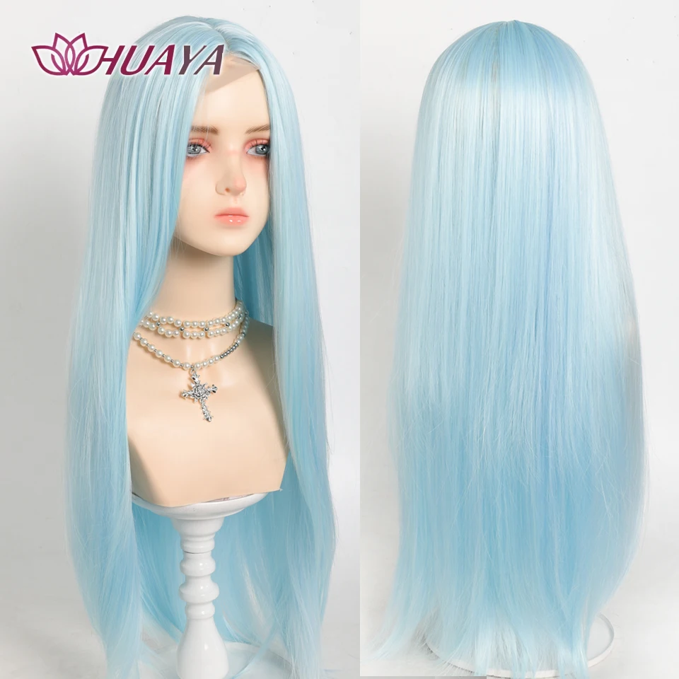 

Sea Blue Color Synthetic Wigs Middle Part Long Natural Wavy Hair Wig For Women Cosplay Drag Queen Party Heat Resistant