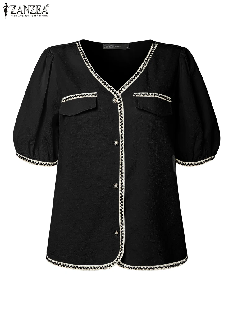 

2025 ZANZEA Elegant Splicing Design Work Blouses Summer Women Short Puff Sleeve Office Shirt Jacquard Tops Buttons Blusas Mujer