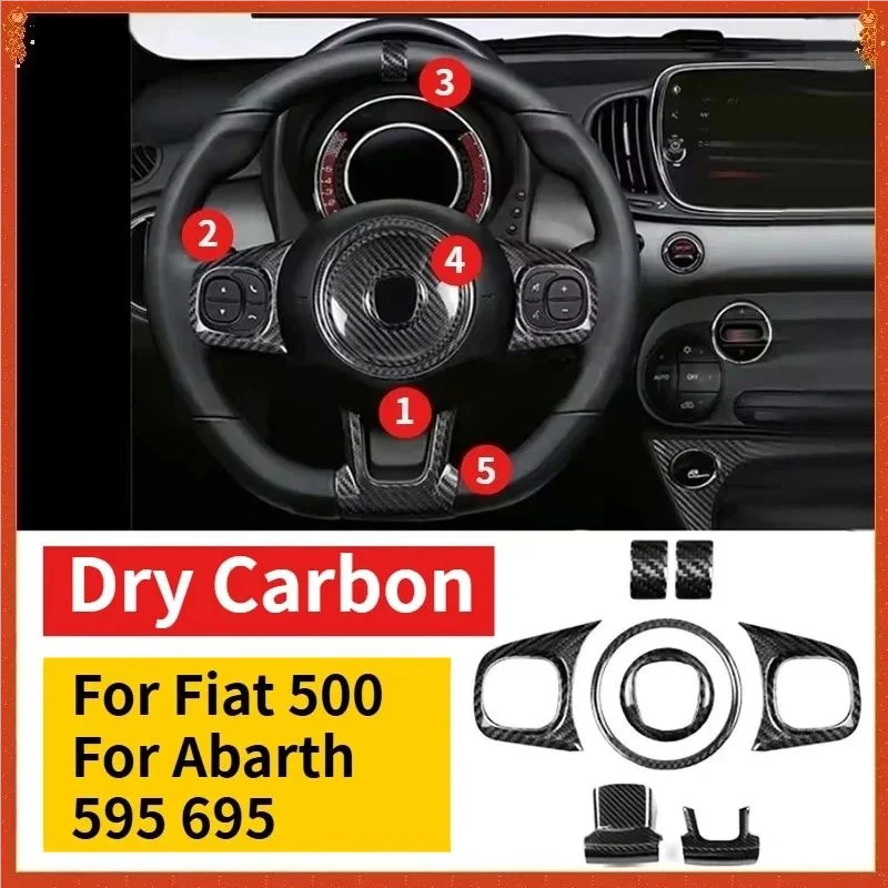 

For Fiat 500 For Abarth 595 695 Real Dry Carbon Fiber Steering Wheel Frame Decorative Sticke Trim 09-2023 Interior Modification