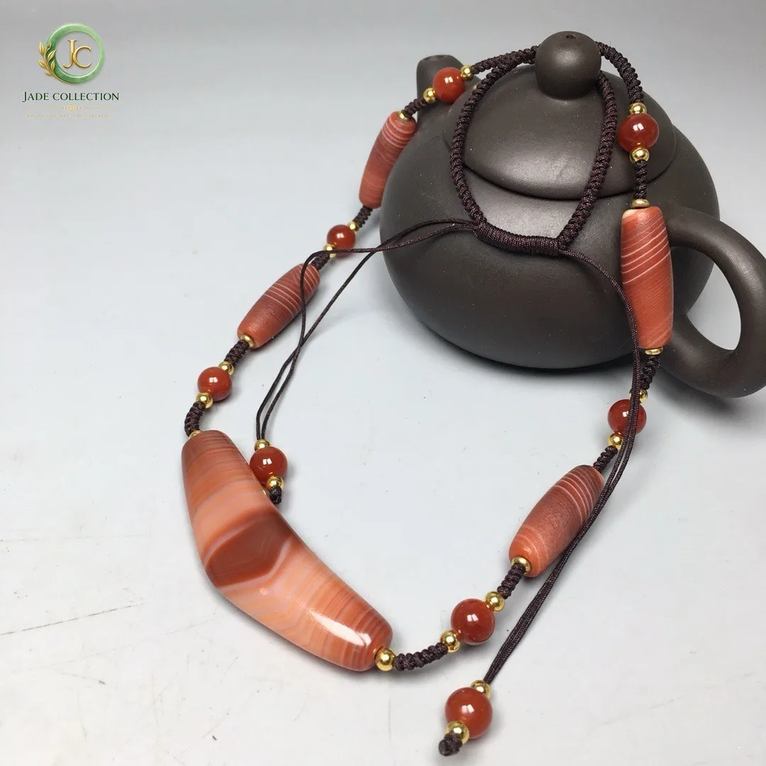 Tibetan Old Agate dzi Natural Silkworm Lines Horn Beads Amulet Necklace S0524