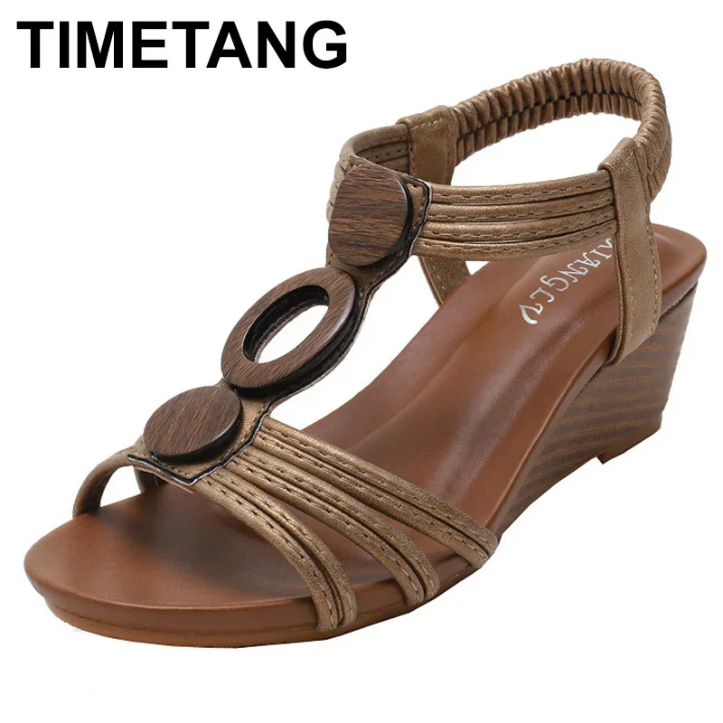 TIMETANG Wedge Sandals Women\'s thick-soled Women\'s Summer New style American Casual Soft-soled mother Shoes Plus Size RetroRoman