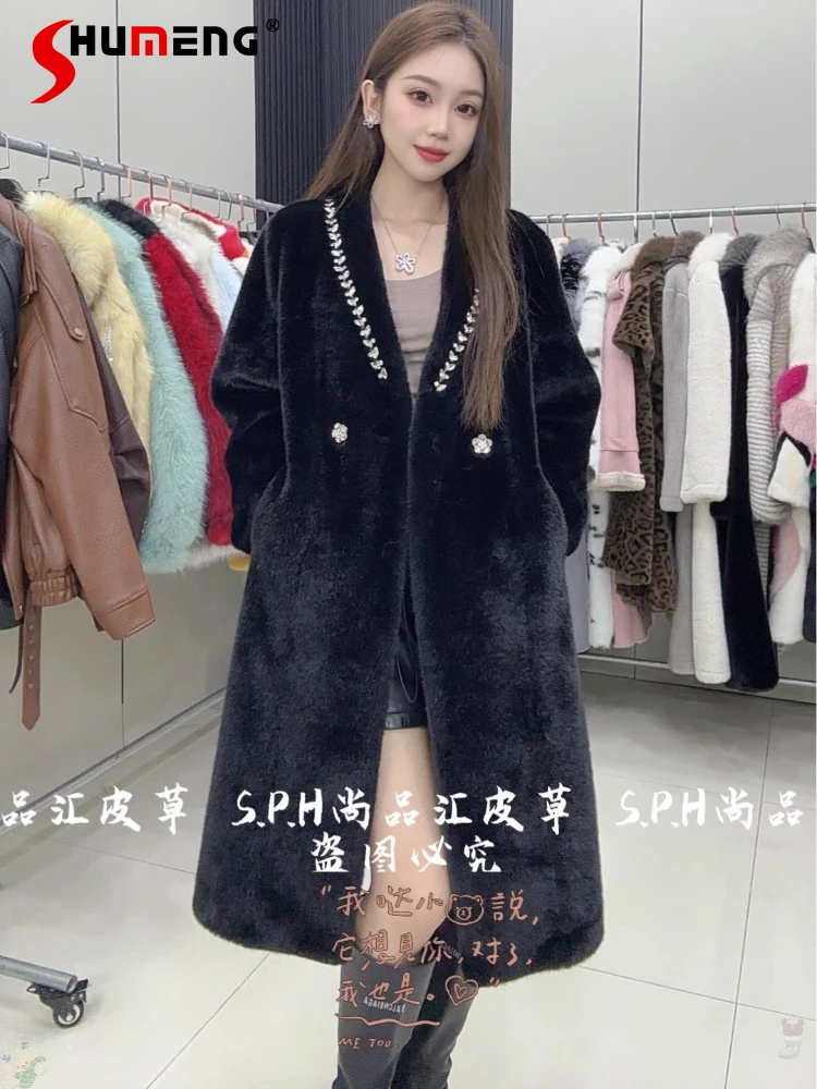 

Women's 2025 Winter New Faux Fur Long Coats Feminine Rhinestones Trendy Faux Fur Jackets Long Sleeve Loose Comfort Chic Jackets