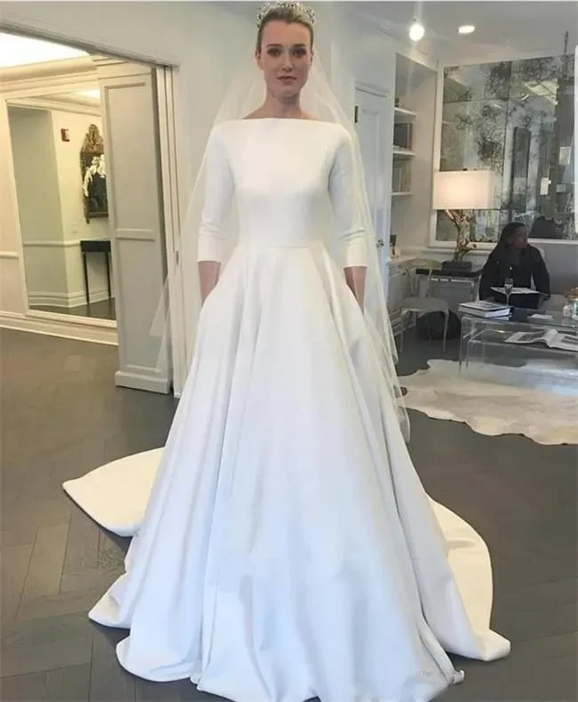 Modest Satin Wedding Dresses Meghan Markle Style Bateau Neck 3/4 Sleeves Covered Buttons Back Garden Bridal Gown court train