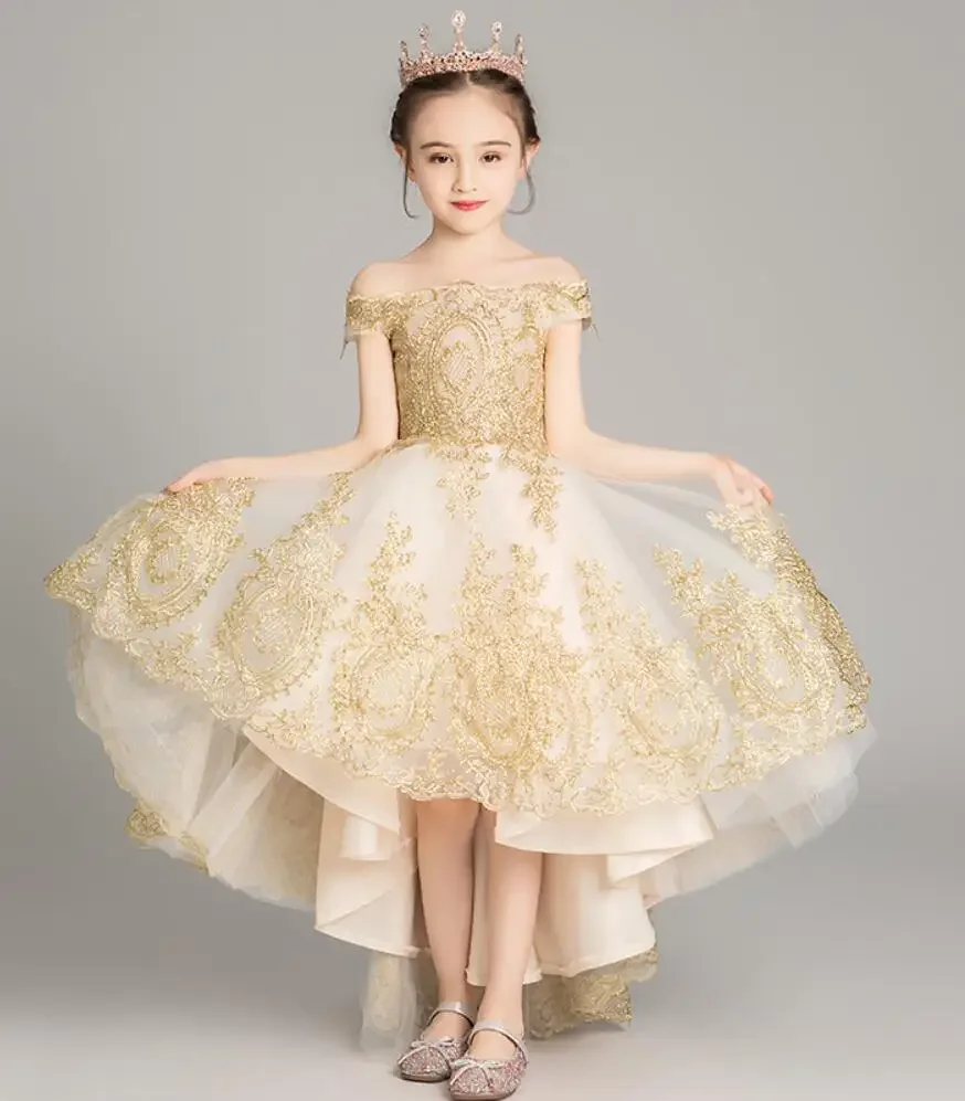 Golden Sequin Lace Girl Princess Party Dress Off Shoulder Birthday Wedding Clothes Girl Pageant Prom Dresses Flower Girl Dress