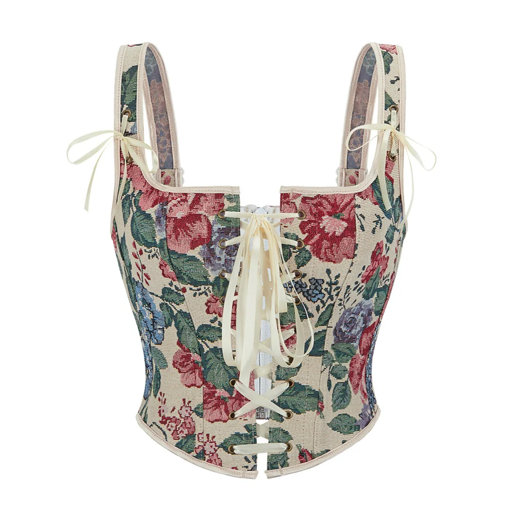 

Женские корсеты с цветочным принтом на шнуровке, бюстье с плечевым ремнем, корсеты, жаккардовые бюстье, повседневная одежда, костюмы средневекового эпохи Возрождения