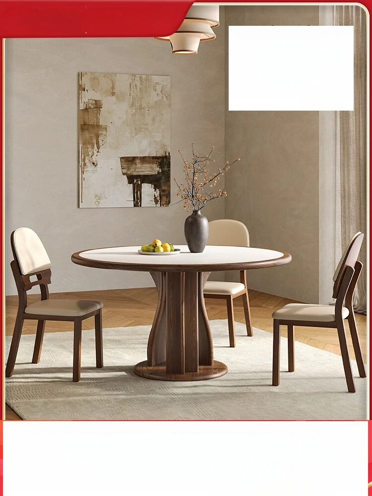 

Solid wood rock slab dining table and chair combination Chinese antique round table with turntable household walnut round table