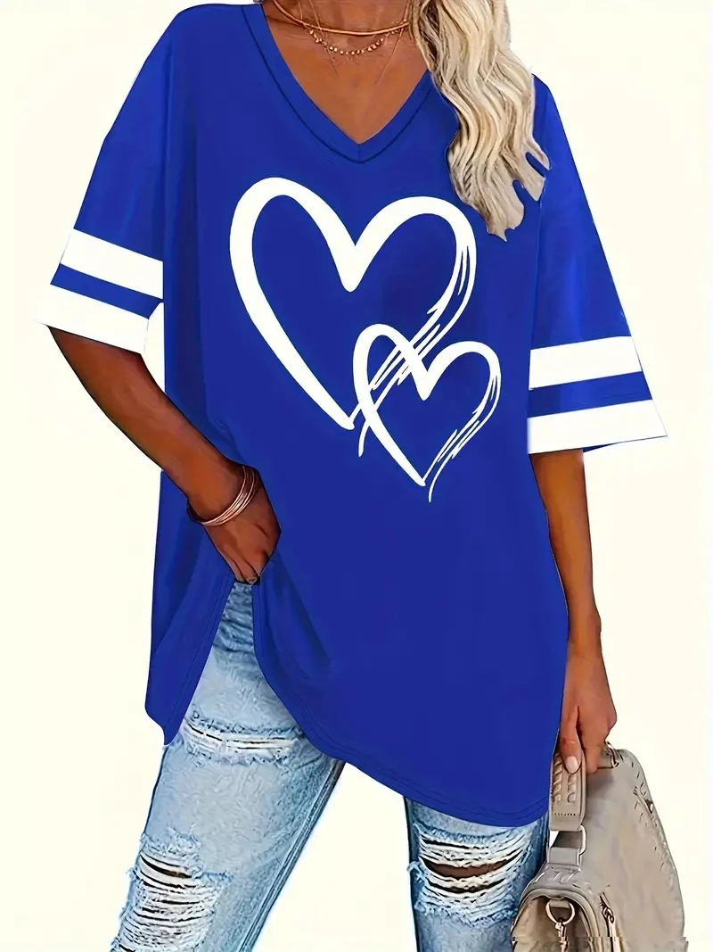 2024 Plus Size Heart & Stripe Print T-Shirt Casual Short Sleeve Top For Spring & Summer Women\'s Plus Size Clothing