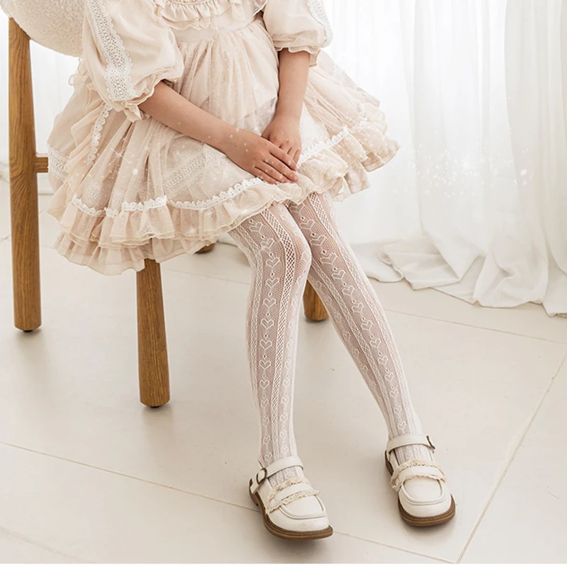 EWODOS Baby Girls White Tights Hollowed Heart Jacquard Pantyhose Breathable Footed Tights Stockings Leggings for Summer Autumn