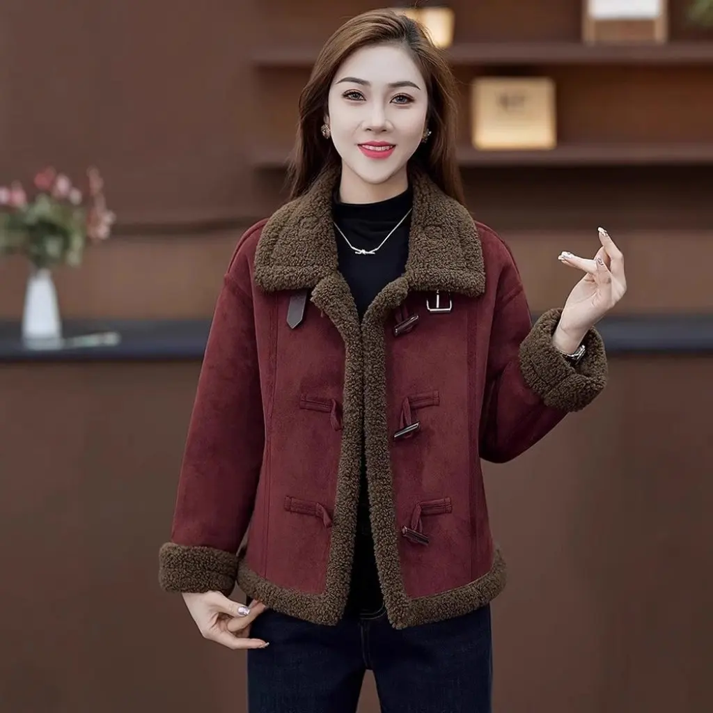 

Winter Women's Short Coat Corner Buckle Slim Fit Thickened Warm Lamb Wool Cotton-Padded Jacket Elegant Bearer Outerwear