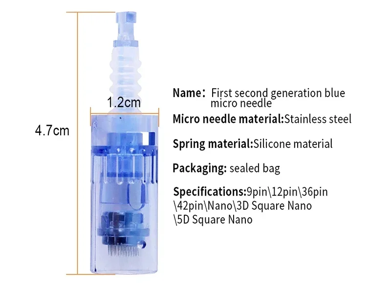 Ersatzkartuschen für Derma Pen, 100 Stück, Nano 3D Microneedling, blaue Spitzen, Bajonettverschluss, 9/12/36/42 Nadeln für die Gesichtspflege. – Detail 6