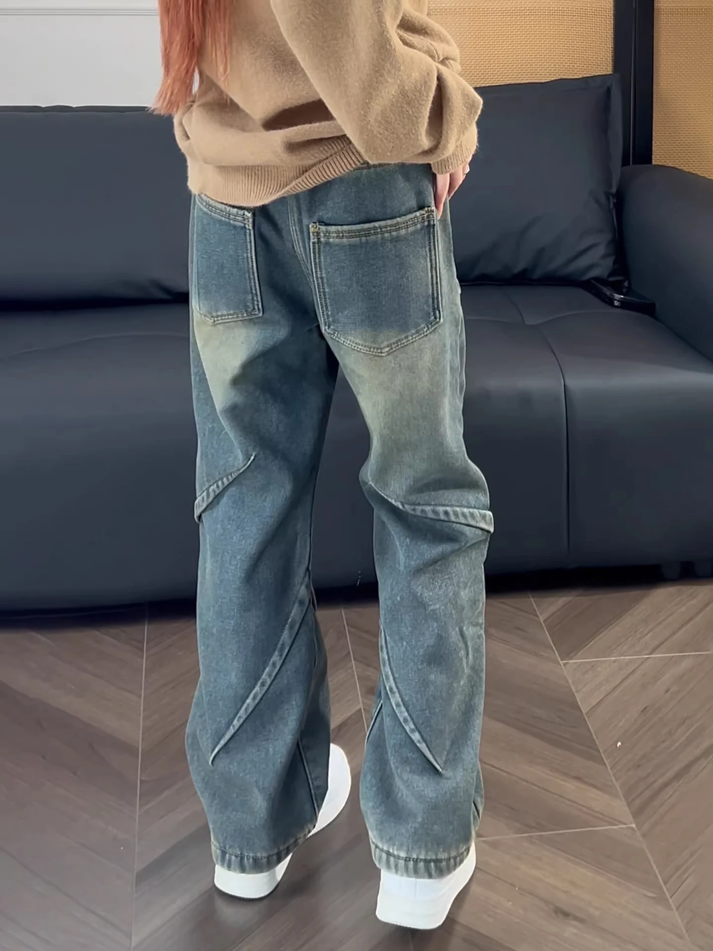 

Мужские джинсы прямого кроя в стиле ретро, синие, на флисовой подкладке, с завязками на талии, в американском рабочем стиле, свободного кроя, с плиссировкой