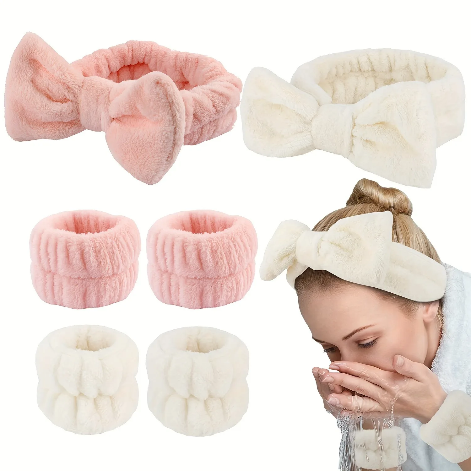 Soft Plush Hair Bands Set, Bow Knot Coral Fleece Wash Face Headbands With Matching Wrist Bands, Women\'s Hair Accessories, Elasti